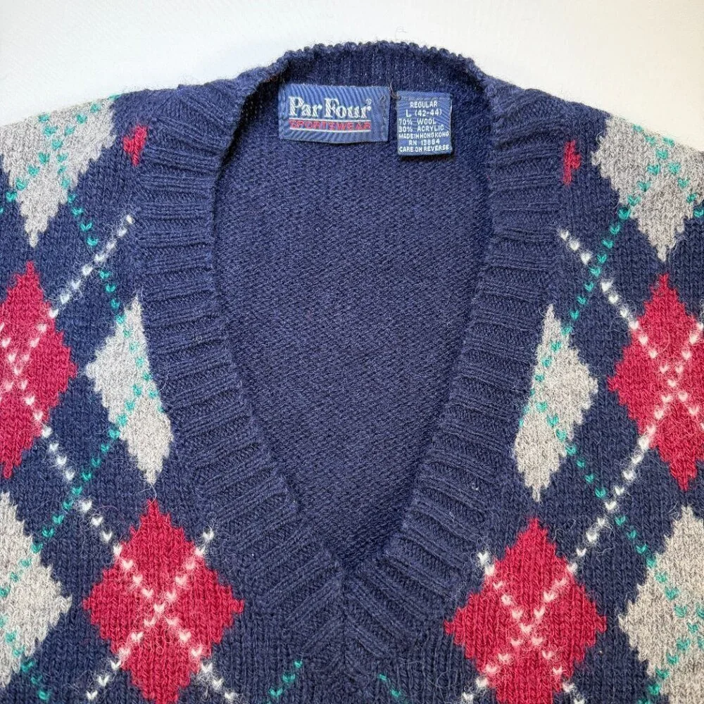 Vintage 80s PARFOUR Navy Blue Argyle Wool Indie Sweater Vest Large